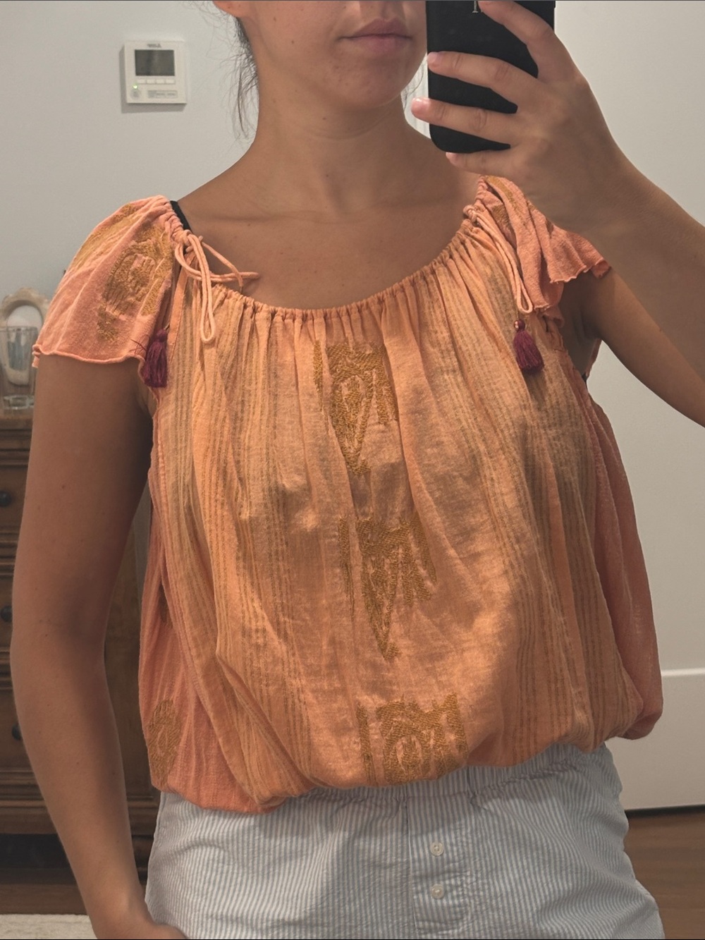 Free People Peach Embroidered Tie-Shoulder Peasant Camisole